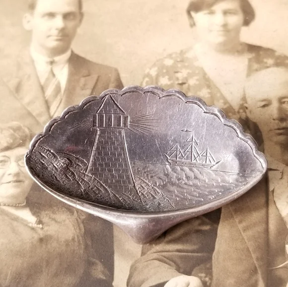 Antique brooch Victorian lighthouse and ship Sterling Silver seashell mermaid - Picture 9 of 16